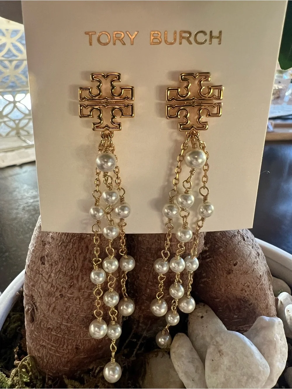 Tory Burch Gold Logo Pearl Drop Earrings